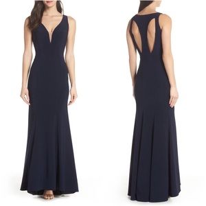 Xscape Deep V-Neck Trumpet Gown Dress in Navy
